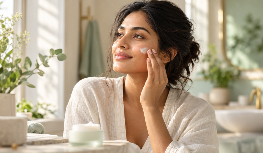 Woman applying moisturizer in soft morning sunlight